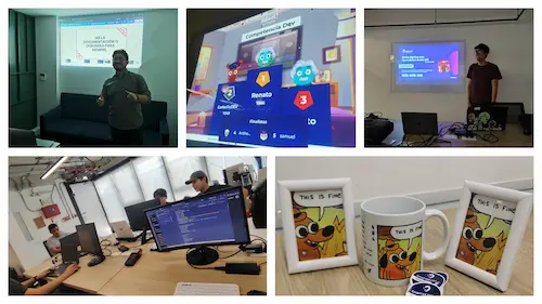 Collage horizontal de recuerdos de trabajo y tecnología